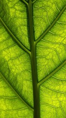 Close-up of a vibrant, translucent green leaf showing intricate vein patterns against a glowing, backlit background