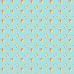 Playful seamless pattern featuring colorful balloons and baby bottles on a soft blue background, perfect for nursery, baby shower, or children’s party designs.