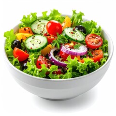 A vibrant salad in a white bowl overflows with lettuce, tomatoes, cucumbers, bell peppers, olives, and onion rings