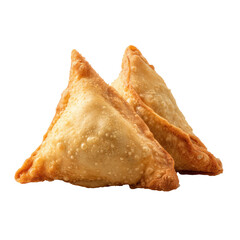 Two golden-brown triangular samosas, nestled together, with crispy edges