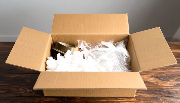 Cardboard box with packing peanuts and items inside - Powered by Adobe