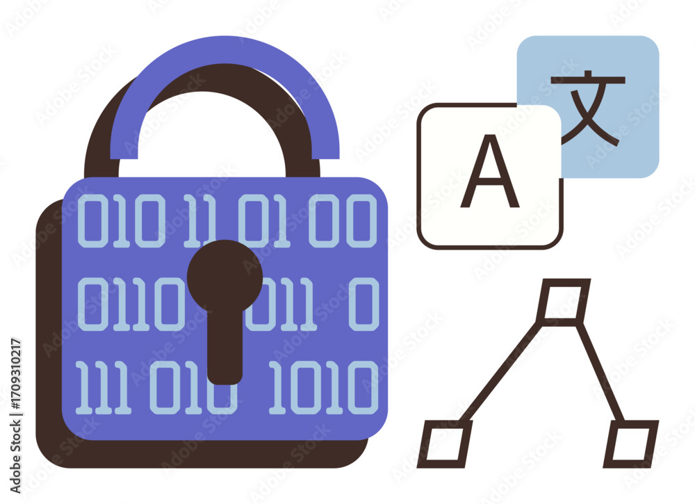 Aufkleber lock with binary code, translation icons, and connected tech nodes. ideal for cybersecurity, transla