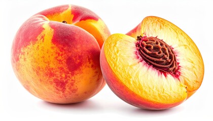 Two fresh, ripe peaches sit on a clean white background; one peach is whole, while the other is cut in half showing the pit
