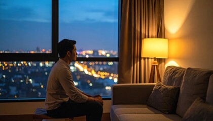 Obraz premium Cityscape view from a window, man sitting in contemplation