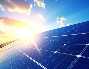 Solar panels gleam beneath a bright sky, harnessing sunlight with promise of a sustainable, clean energy future
