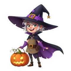 Cute witch holding pumpkin isolated on transparent background isolated on transparent background