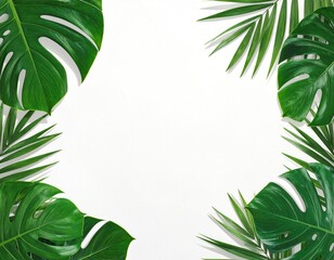 Green Monstera & palm leaves frame white background with space. Flat lay, botanical. Tropical, freshness, and simple design