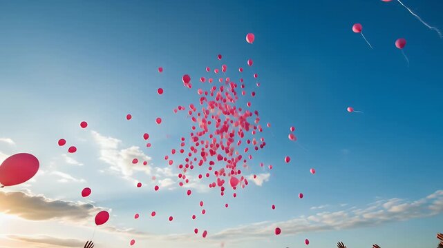 Pink balloons flying in the sky for awareness campaign