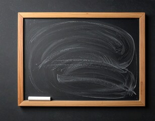 Used slate blackboard with a wooden frame and chalk stick resting beside it against a textured dark gray background