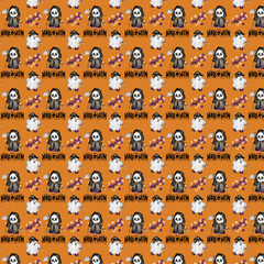 Seamless Halloween pattern with ghosts, grim reapers, candies, and festive typography on an orange background, perfect for spooky party decor and seasonal designs.