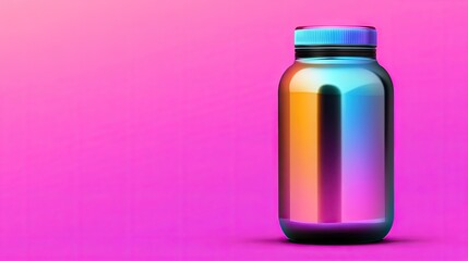 A vibrant, iridescent jar with a metallic sheen sits against a pink gradient background.  The jar is cylindrical with a contrasting colored lid.  The image is clean, minimalist, 
