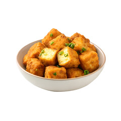 Bowl of Crispy Fried Paneer Cubes with Green Garnish cheese cubes indian cheese