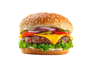 Juicy beef burger with melted cheese lettuce tomato onion pickles and sesame seed bun image, Isolated, Png Transparent Background