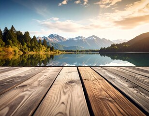 Tranquil landscape with a serene lake reflecting snow-capped mountains, framed by a wooden dock under a partly cloudy sky at sunset