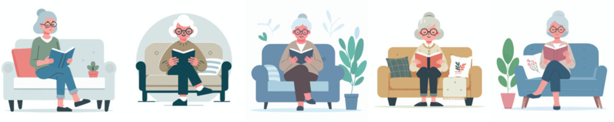vector grandmother relaxing on sofa reading book