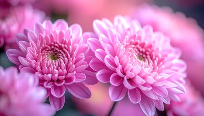 Close-up of pink chrysanthemum flowers in full bloom, soft focus on the background, creating a dreamy and romantic atmosphere