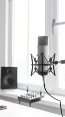 Recording setup A studio microphone stands before a window, mixer and speaker nearby, on a white surface. Clean, minimal aesthetic