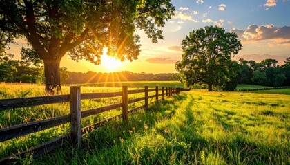 Sunny landscape wooden fence stretches across a verdant field under a bright sunset, with trees silhouetted against the golden sky