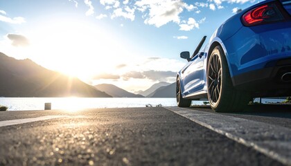 Sleek blue car parked beside calm lake with distant mountains under bright, cloudy sky, sun reflecting on asphalt road
