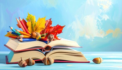 Stack of open books, pencils, colorful autumn leaves, and acorns against a light-blue painted background, suggesting education and learning