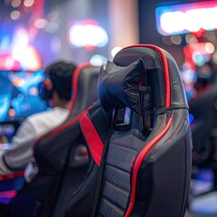 Gaming chair with red trim sits in front of blurry monitors and players, in a brightly lit, busy environment