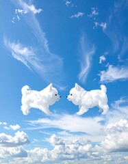 Two fluffy white dog-shaped clouds face each other against a vibrant blue sky filled with puffy and wispy clouds