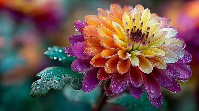 Beautiful Multicolor Chrysanthemum Flower with Morning Dew Drops in Full Bloom at Chrysanthemum Festival Garden Celebration