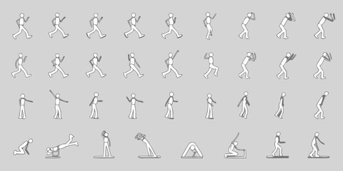 Collection of simple line art stick figure poses showing various actions and movements against a plain background