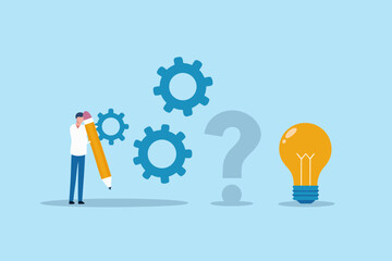 Man with pencil and gears thinking about a bright idea next to a question mark