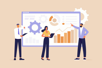 Business team analyzing financial data and charts on a large screen in a modern office setting