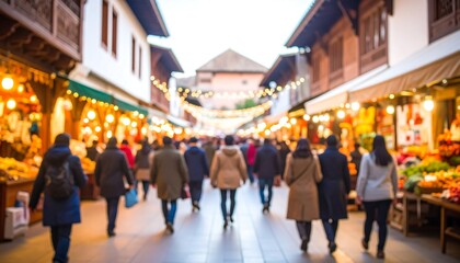 Fototapeta premium Blurry crowd walking down a festive market street