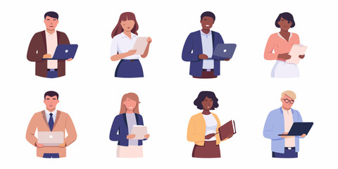 Diverse group of business professionals holding laptops and documents in a flat illustration style