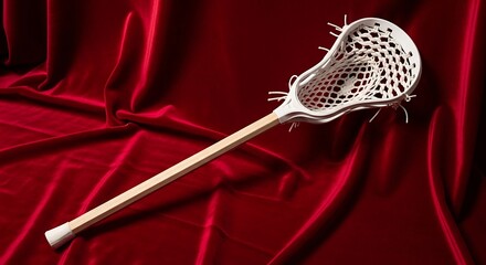 Lacrosse stick resting on draped crimson fabric, dynamic composition