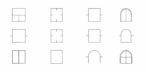 Collection of hand drawn architectural window designs and shapes in a grid layout