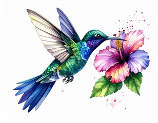 Obraz premium Vibrant hummingbird in flight sips nectar from a colorful tropical flower, celebrating nature's delicate beauty.