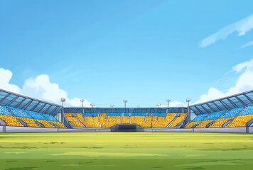 A cartoon illustration of an empty stadium with yellow and blue seats, bright sky, and green field