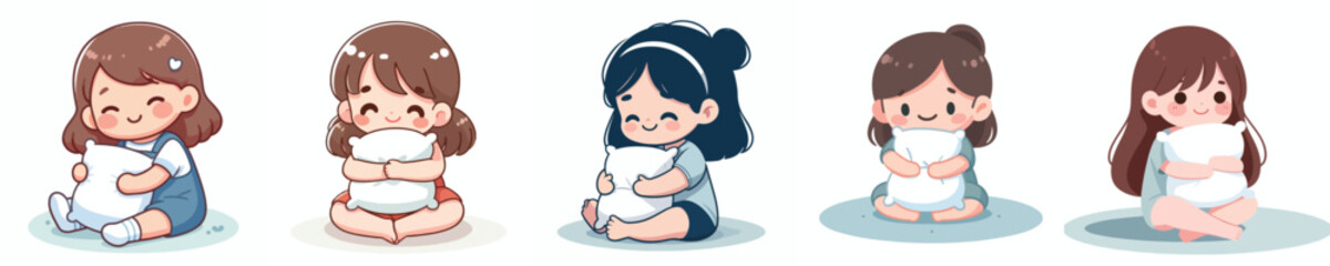 vector little girl sitting on the floor hugging a pillow