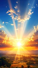 A breathtaking sunset radiates golden light over a lush landscape, illuminating the sky with vibrant hues