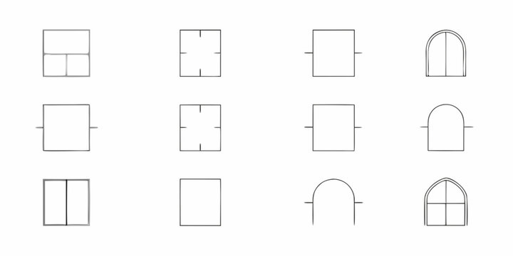 Collection of hand drawn architectural window designs and shapes in a grid layout