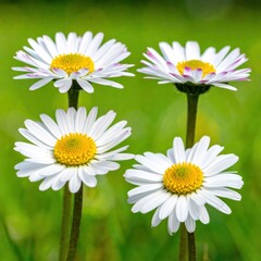 Four bright daisies with white petals and yellow centers stand tall against a blurred, vibrant green background in natural light