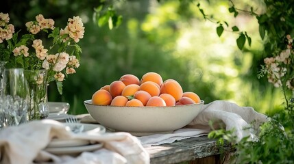 Bowl overflowing with fresh apricots set on an outdoor table surrounded by lush greenery and flowers creating a summery picnic vibe with rich colors and natural textures
