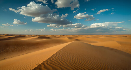 A vast, sun-drenched desert landscape showcases rolling sand dunes stretching to the horizon.