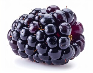 Detailed close-up of a ripe, plump blackberry with textured segments and a subtle gradient of dark to bright hues against white