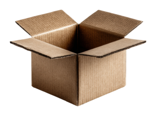 Unboxing excitement cardboard box opening in a home office isolated on transparent background