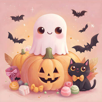 Cute Halloween Ghost with Pumpkin, Black Cat and Candy