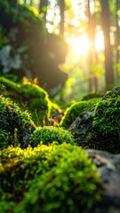 Sunlit moss clings to forest rocks, creating a soft, blurred foreground against a backdrop of trees and golden light