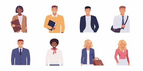 Diverse group of professional men and women in business attire holding documents and bags