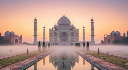 Obraz premium Majestic White Mausoleum Reflecting in Water During Sunrise