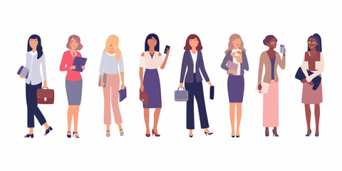 Diverse group of professional women standing together in business attire holding briefcases and phones