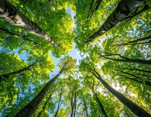 Looking up into a dense canopy of tall, slender trees with bright green leaves against a sunny blue sky from a low vantage point